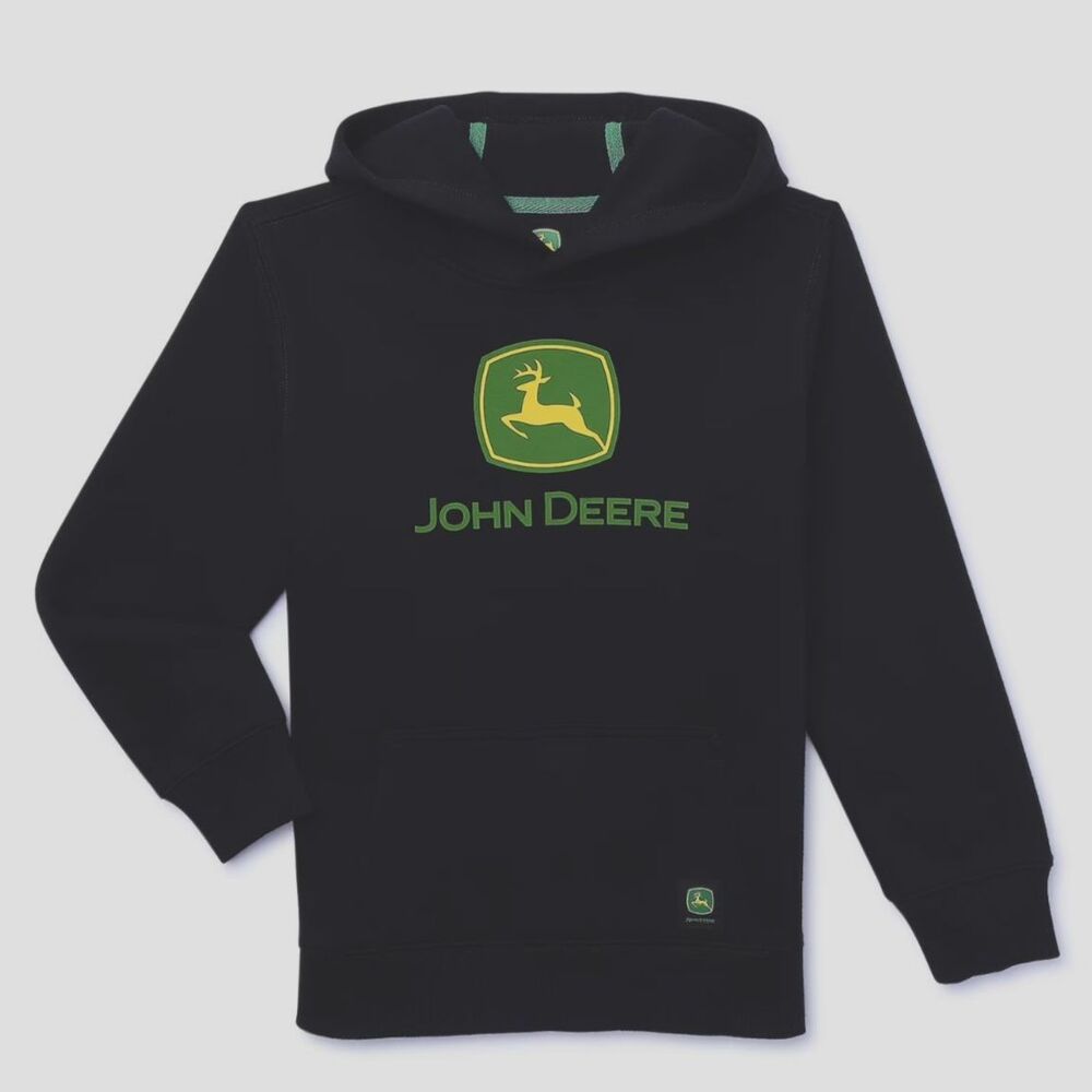 John Deere Boys Black Fleece Graphic Logo Pullover Hoodie Sweatshirt XS 4/5
